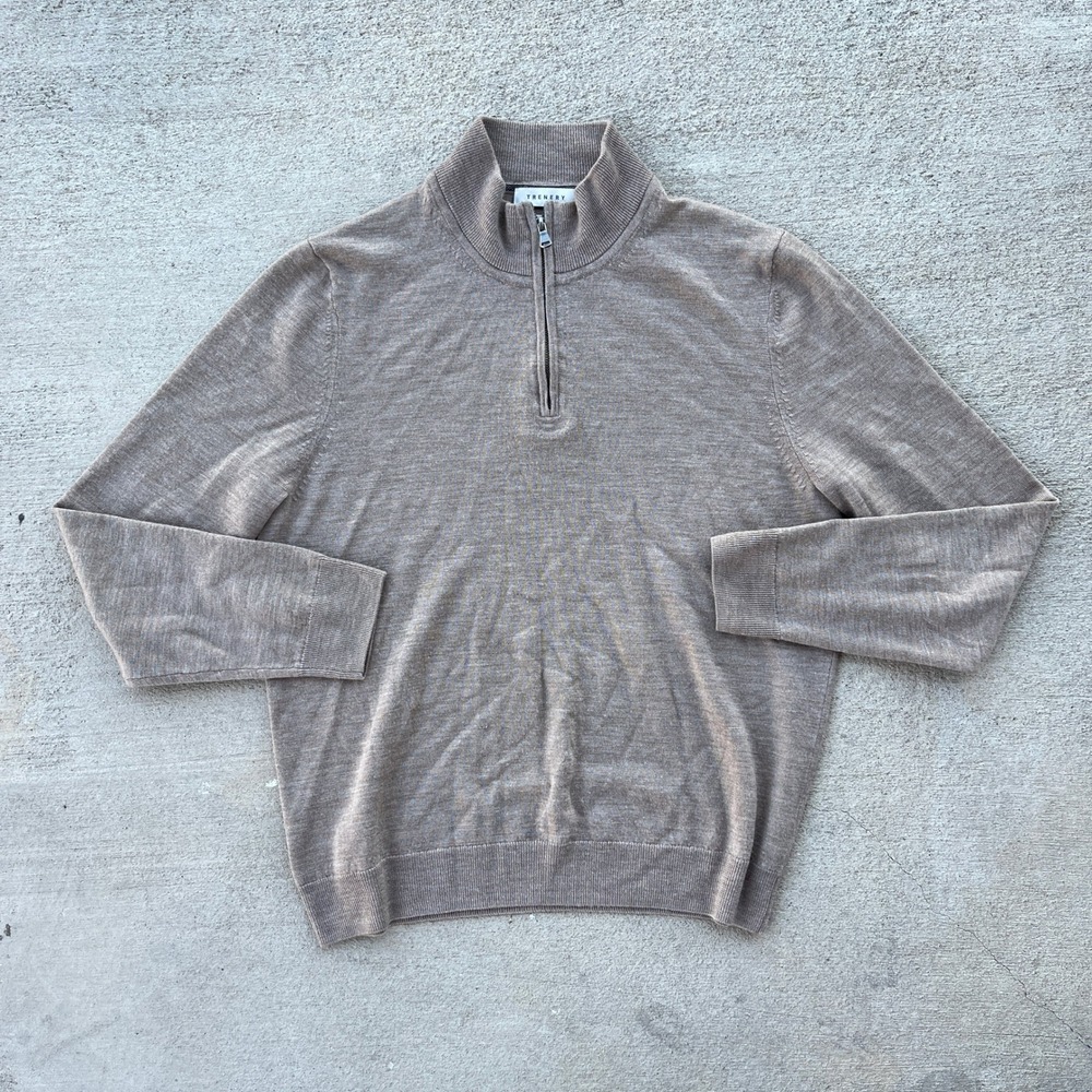 Trenery Jumper Mens Large Beige Wool 1/4 Zip Knit Sweater‎ Long Sleeve Ribbed